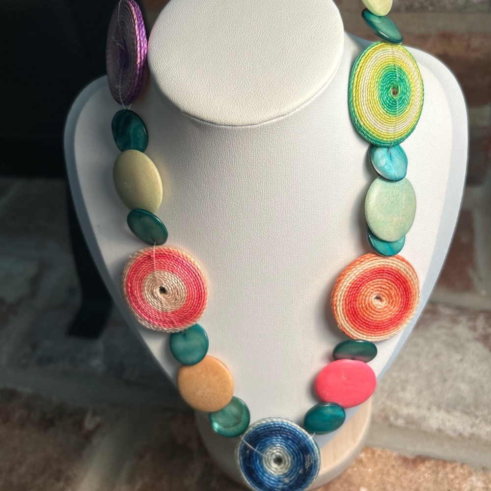 Shell and Crotcheted Disk Link Necklace